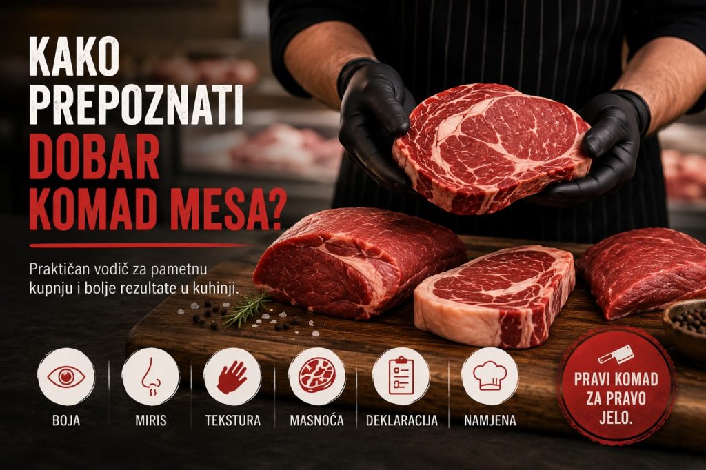Mesar drži kvalitetan mramorirani komad govedine uz prikaz glavnih kriterija za odabir mesa