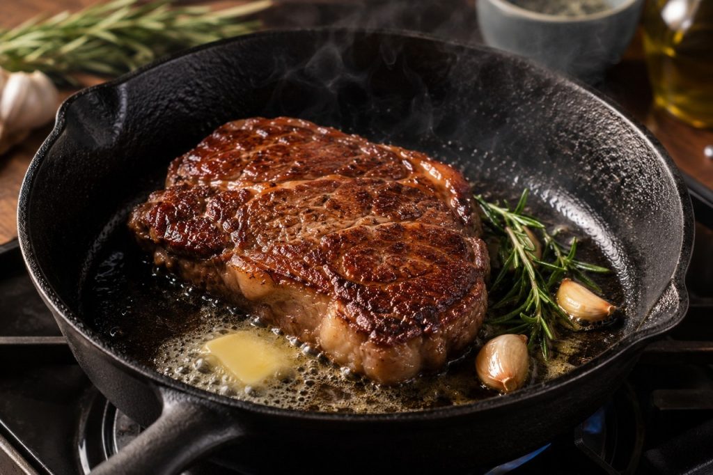 Steak koji se peče na tavi s maslacem, češnjakom i ružmarinom