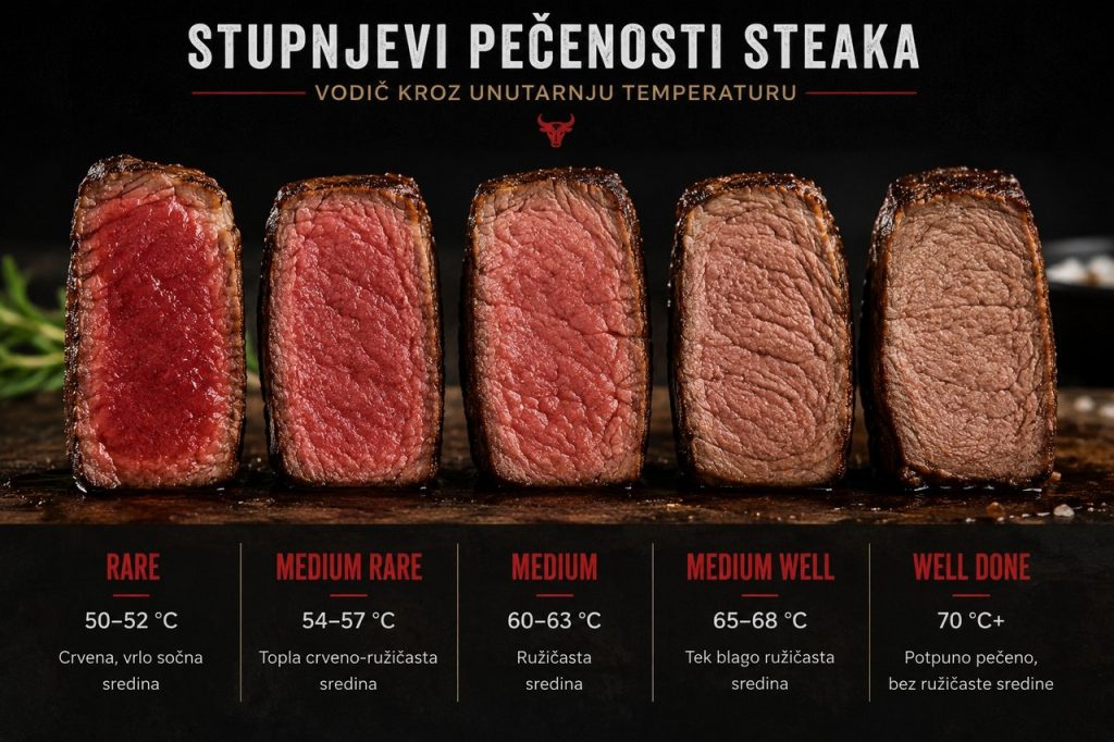 Stupnjevi pečenosti steaka od rare do well done s unutarnjim temperaturama