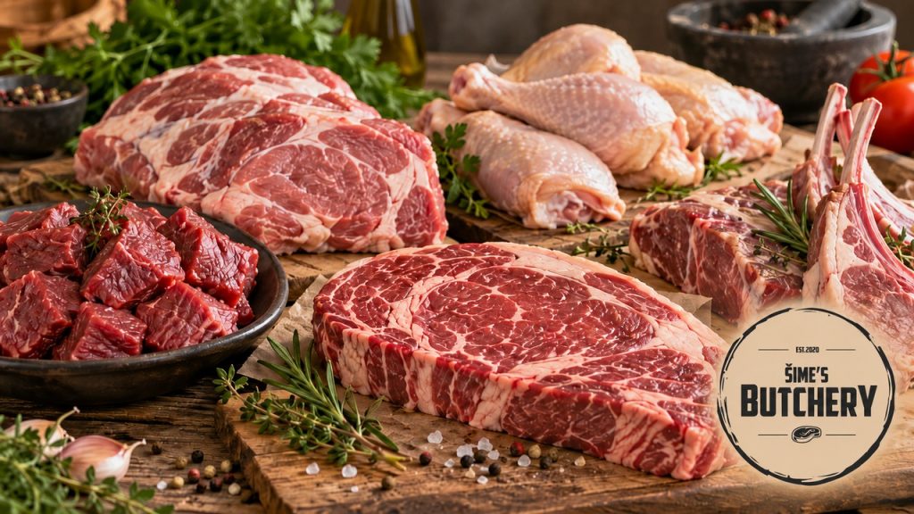 Različite vrste svježeg mesa – junetina, svinjetina, piletina i janjetina, s logom Šime’s Butchery.