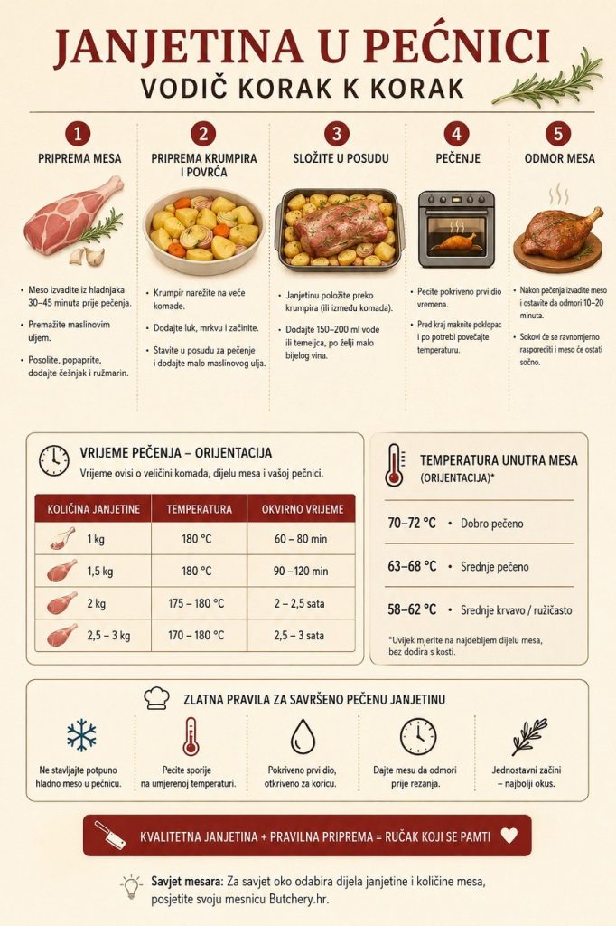 Infografika za pripremu janjetine u pećnici – temperatura, vrijeme pečenja i savjeti